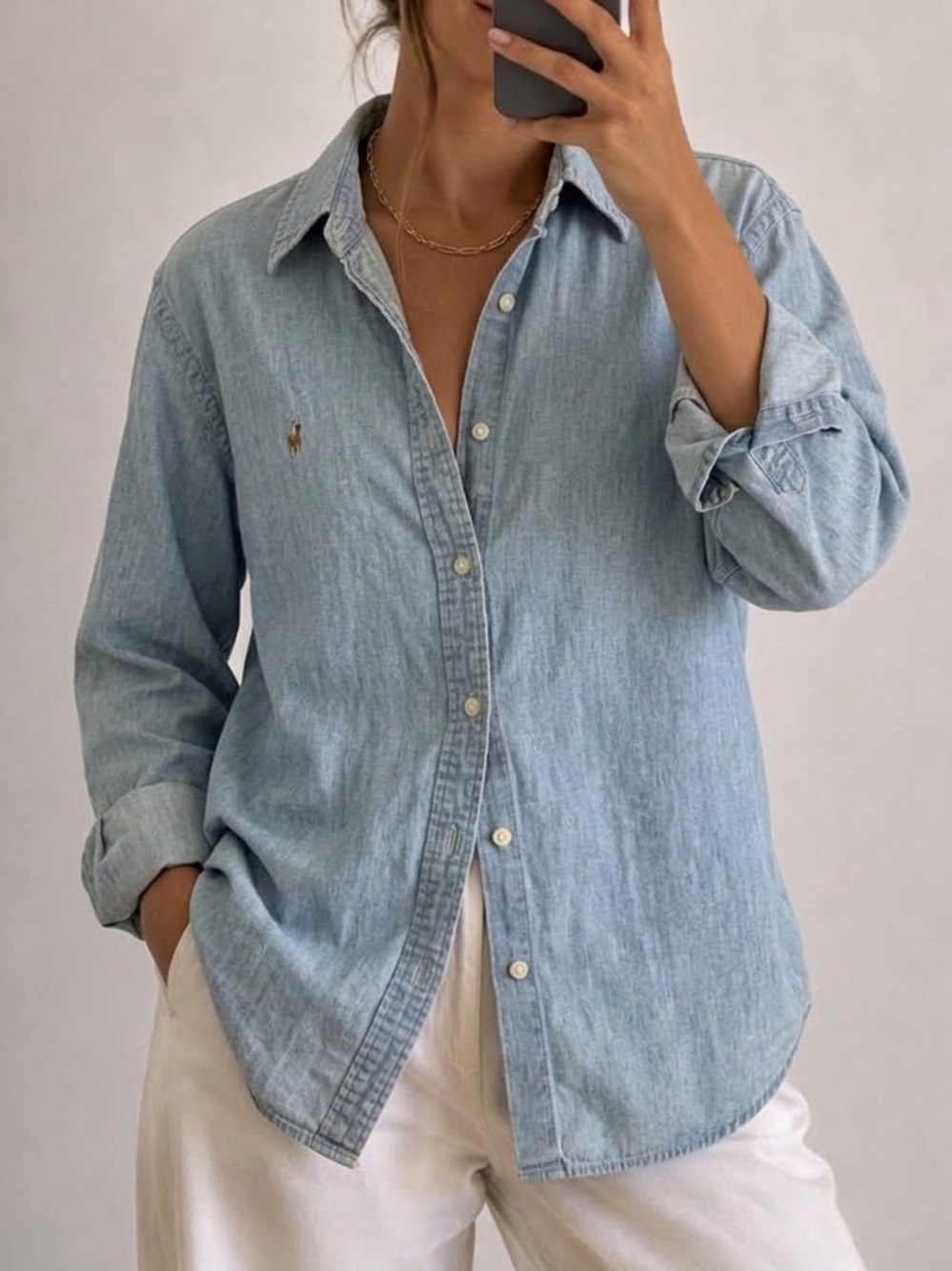 Ralph Lauren Denim Blue Button Down Shirt Size Medium Relaxed Fit Oversized